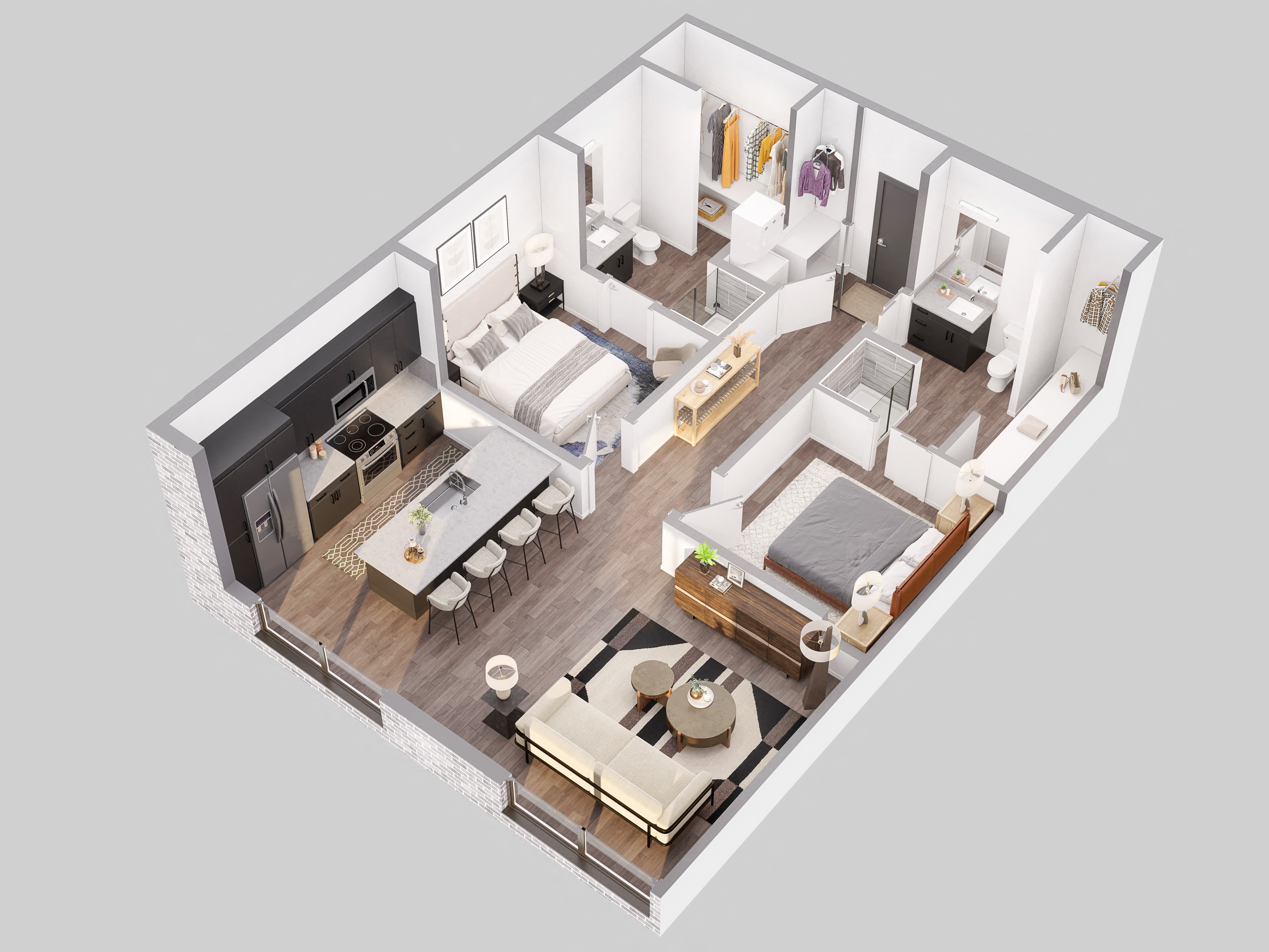 a 3d floor plan of a small apartment
